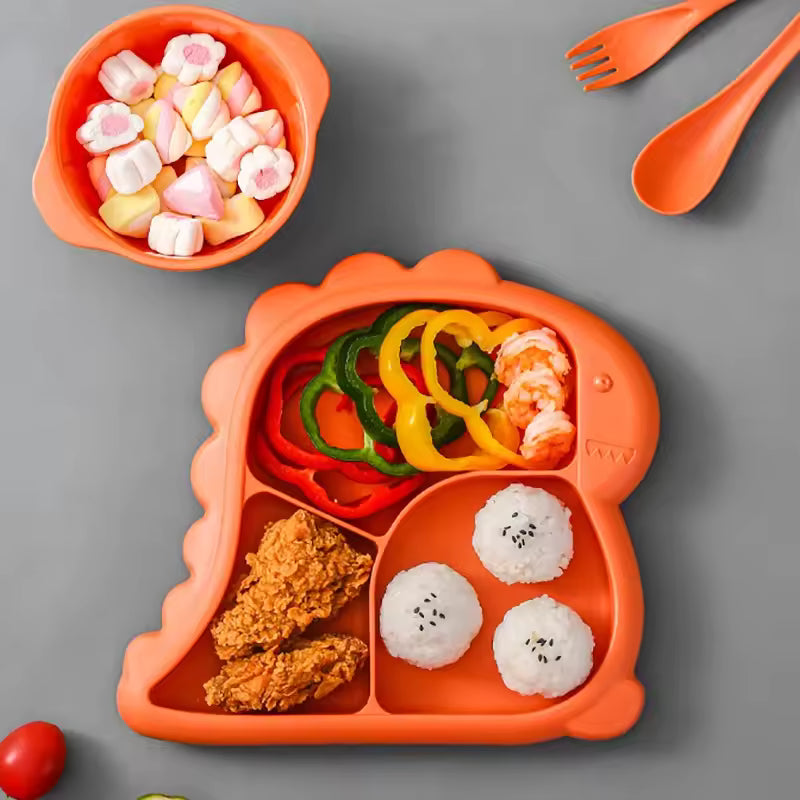 Dinosaur baby dinner plate 1 Set large capacity three compartments spoon and fork all-in-one dinner plate nutritional balance