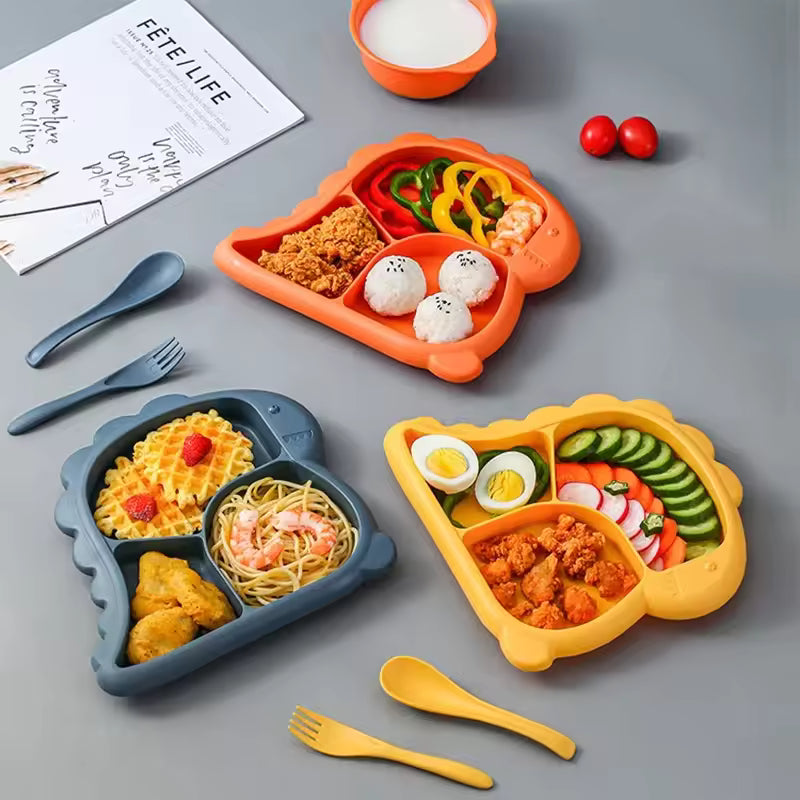 Dinosaur baby dinner plate 1 Set large capacity three compartments spoon and fork all-in-one dinner plate nutritional balance