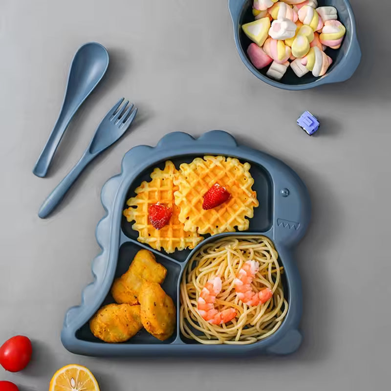 Dinosaur baby dinner plate 1 Set large capacity three compartments spoon and fork all-in-one dinner plate nutritional balance