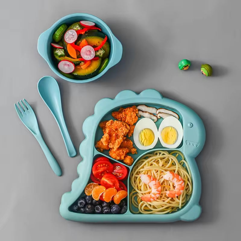 Dinosaur baby dinner plate 1 Set large capacity three compartments spoon and fork all-in-one dinner plate nutritional balance