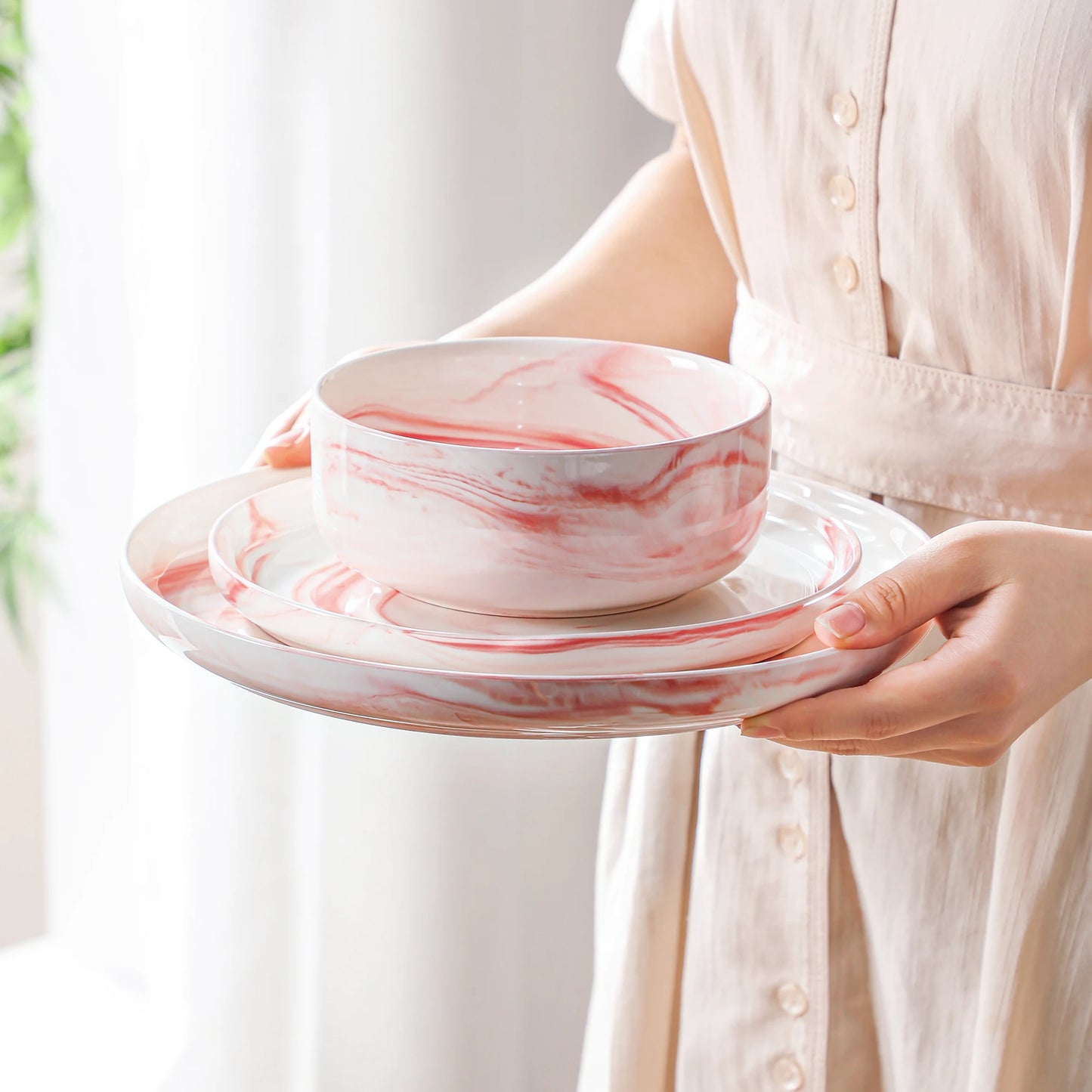 MALACASA 12-Piece Pink Marble Ceramic Dinnerware Set with 3 Pcs Dinner/Dessert Plates,Bowl Tableware Set Service for 3