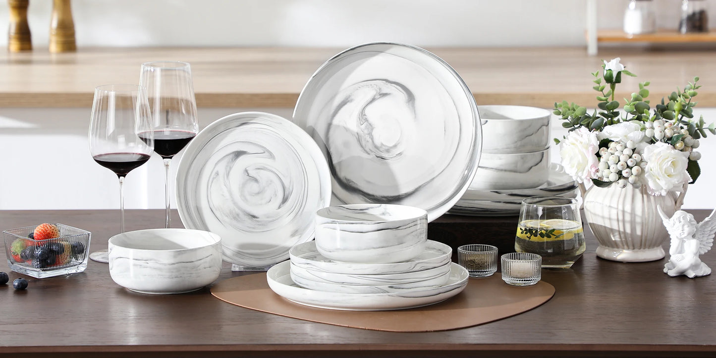 MALACASA 12-Piece Pink Marble Ceramic Dinnerware Set with 3 Pcs Dinner/Dessert Plates,Bowl Tableware Set Service for 3