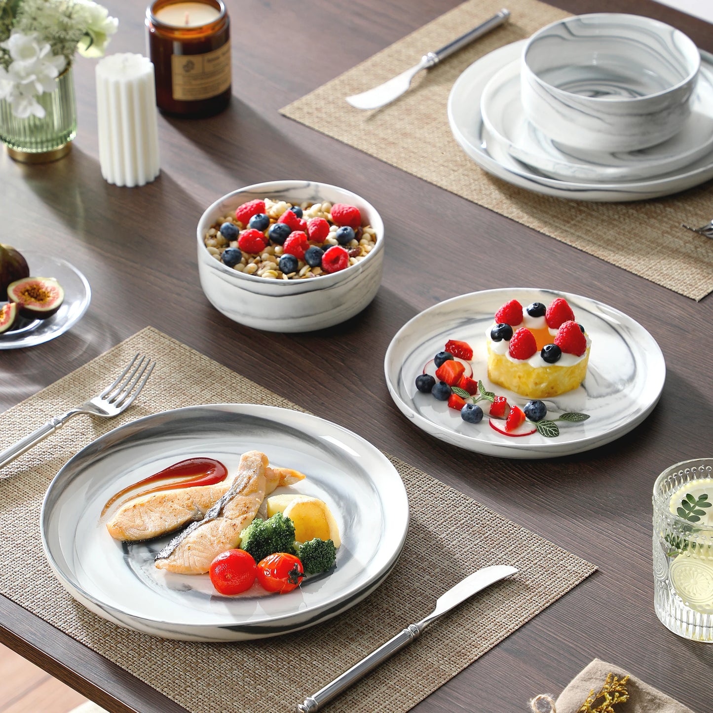 MALACASA 12-Piece Grey Marble Ceramic Dinnerware Set with 3 Pcs Dinner/Dessert Plates,Bowl Tableware Set Service for 3