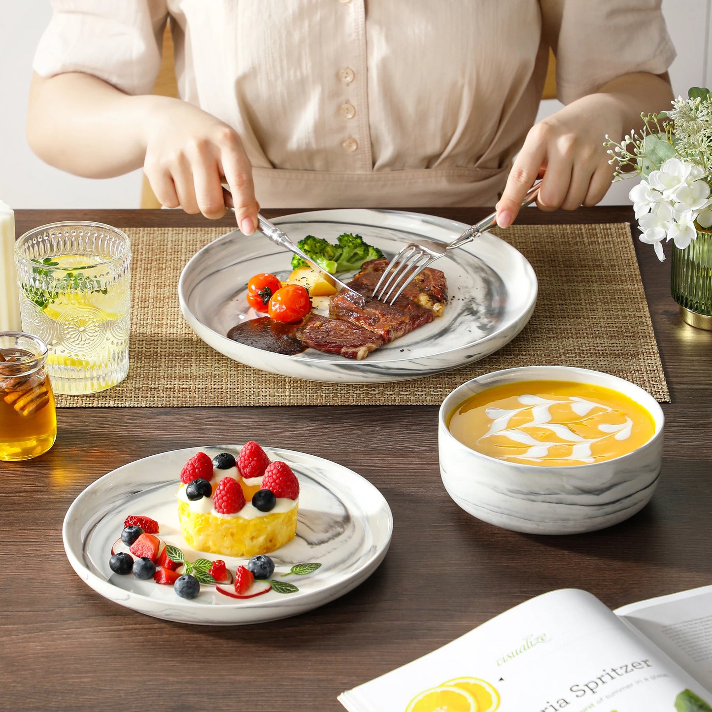 MALACASA 12-Piece Grey Marble Ceramic Dinnerware Set with 3 Pcs Dinner/Dessert Plates,Bowl Tableware Set Service for 3