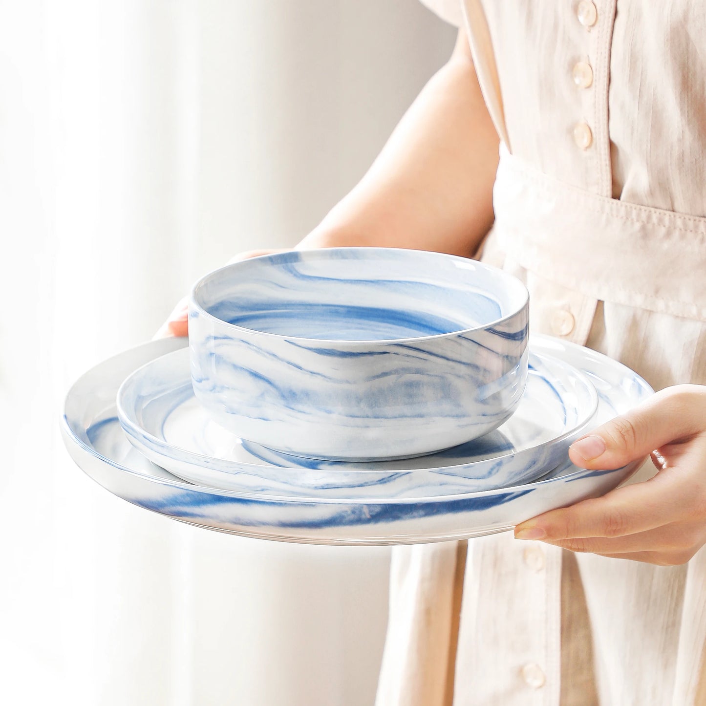 MALACASA 12-Piece Blue Marble Ceramic Dinnerware Set with 3 Pcs Dinner/Dessert Plates,Bowl Tableware Set Service for 3