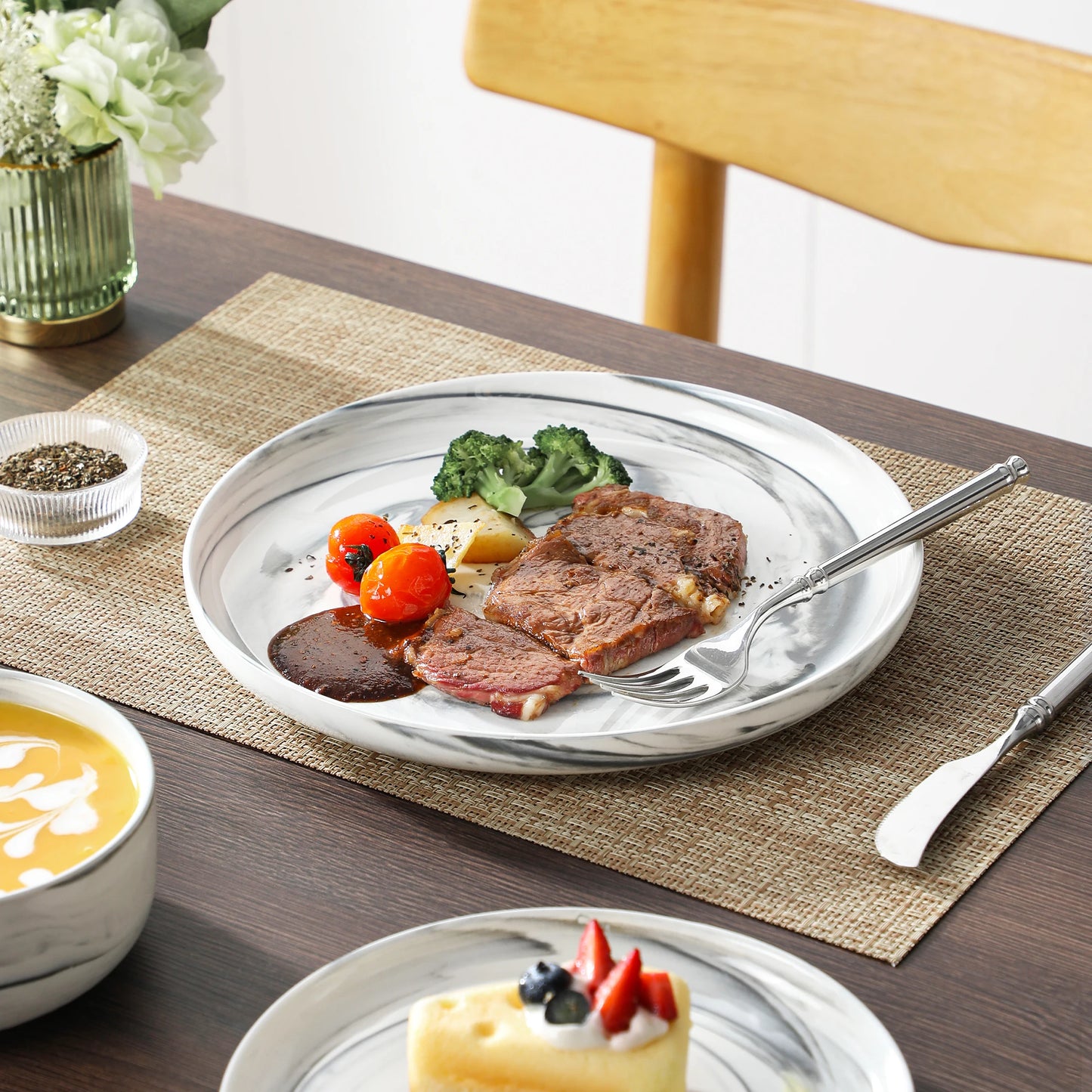 MALACASA 12-Piece Grey Marble Ceramic Dinnerware Set with 3 Pcs Dinner/Dessert Plates,Bowl Tableware Set Service for 3