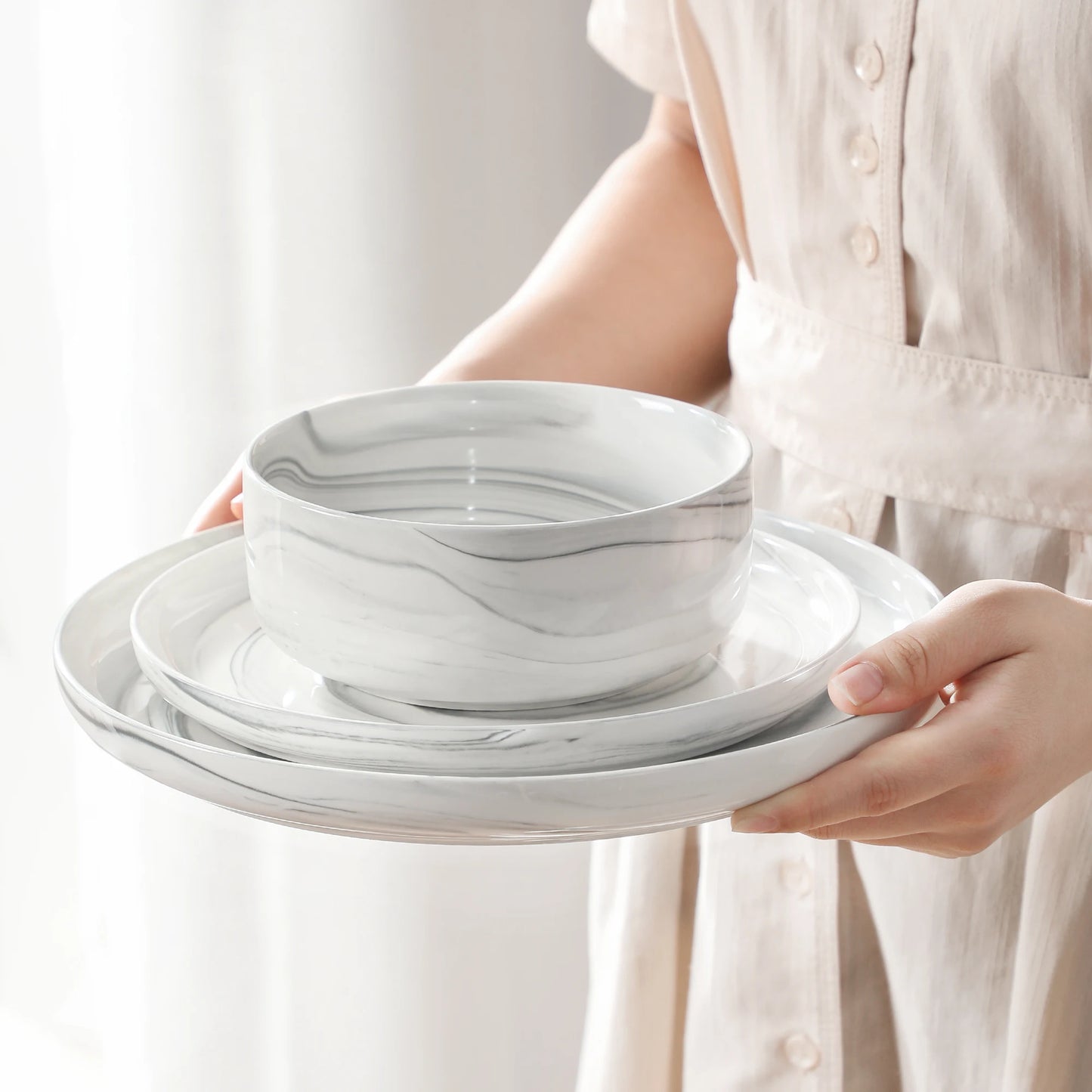MALACASA 12-Piece Grey Marble Ceramic Dinnerware Set with 3 Pcs Dinner/Dessert Plates,Bowl Tableware Set Service for 3