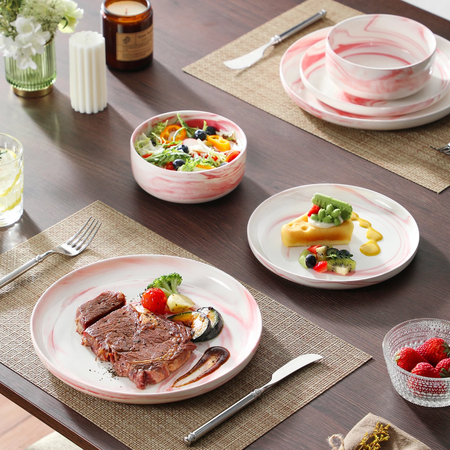 MALACASA 12-Piece Pink Marble Ceramic Dinnerware Set with 3 Pcs Dinner/Dessert Plates,Bowl Tableware Set Service for 3
