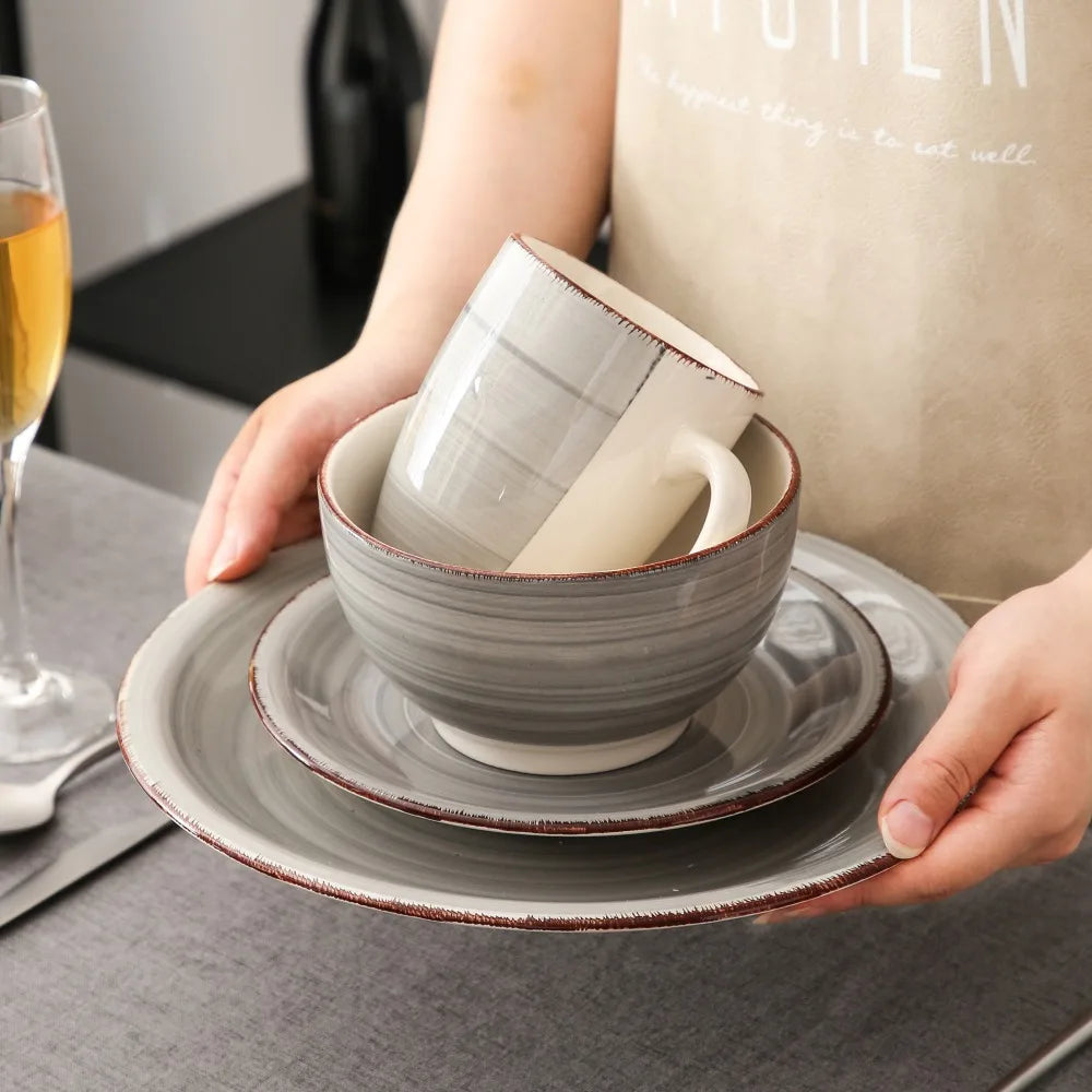 Vancasso 4-16 Pieces Porcelain Dinner Set Grey Vintage Ceramic Tableware Set with Dinner Plate,Dessert Plate,Bowl,Mug