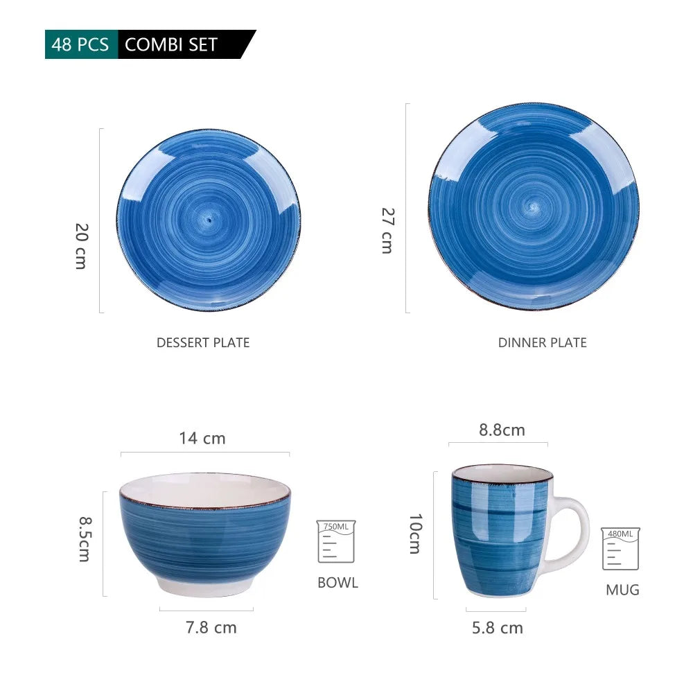 vancasso 4-16 PCS Porcelain Dinner Set Blue Vintage Look Ceramic Plate Set with Dinner Plate,Dessert Plate,Bowl,Mug Set