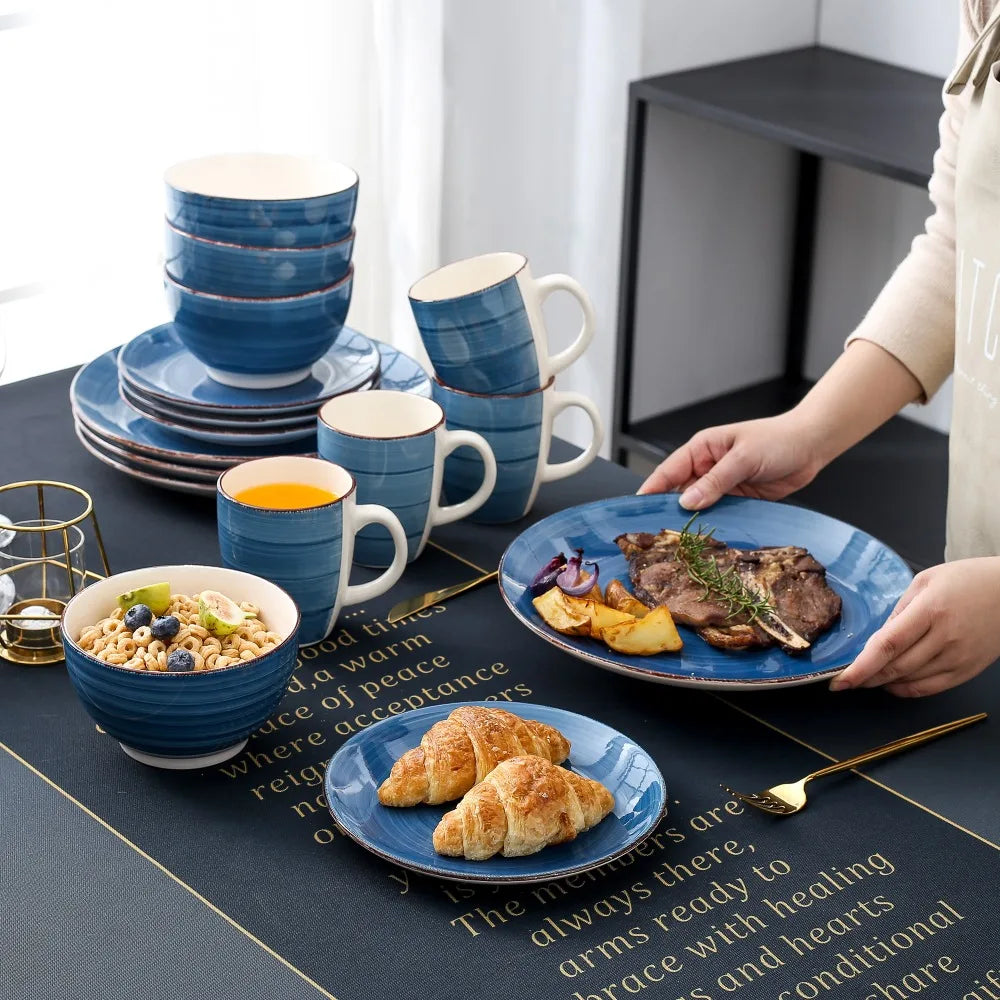 vancasso 4-16 PCS Porcelain Dinner Set Blue Vintage Look Ceramic Plate Set with Dinner Plate,Dessert Plate,Bowl,Mug Set
