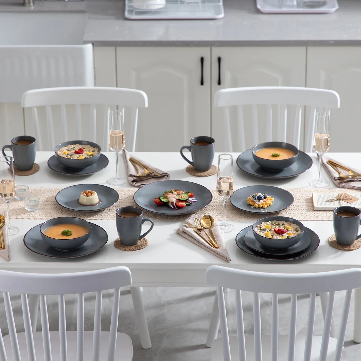 VANCASSO MODA Series 4-16 Piece Pottery Dinner Set Grey Stoneware Tableware Set with Dinner Plate,Dessert Plate,Bowls,Cups