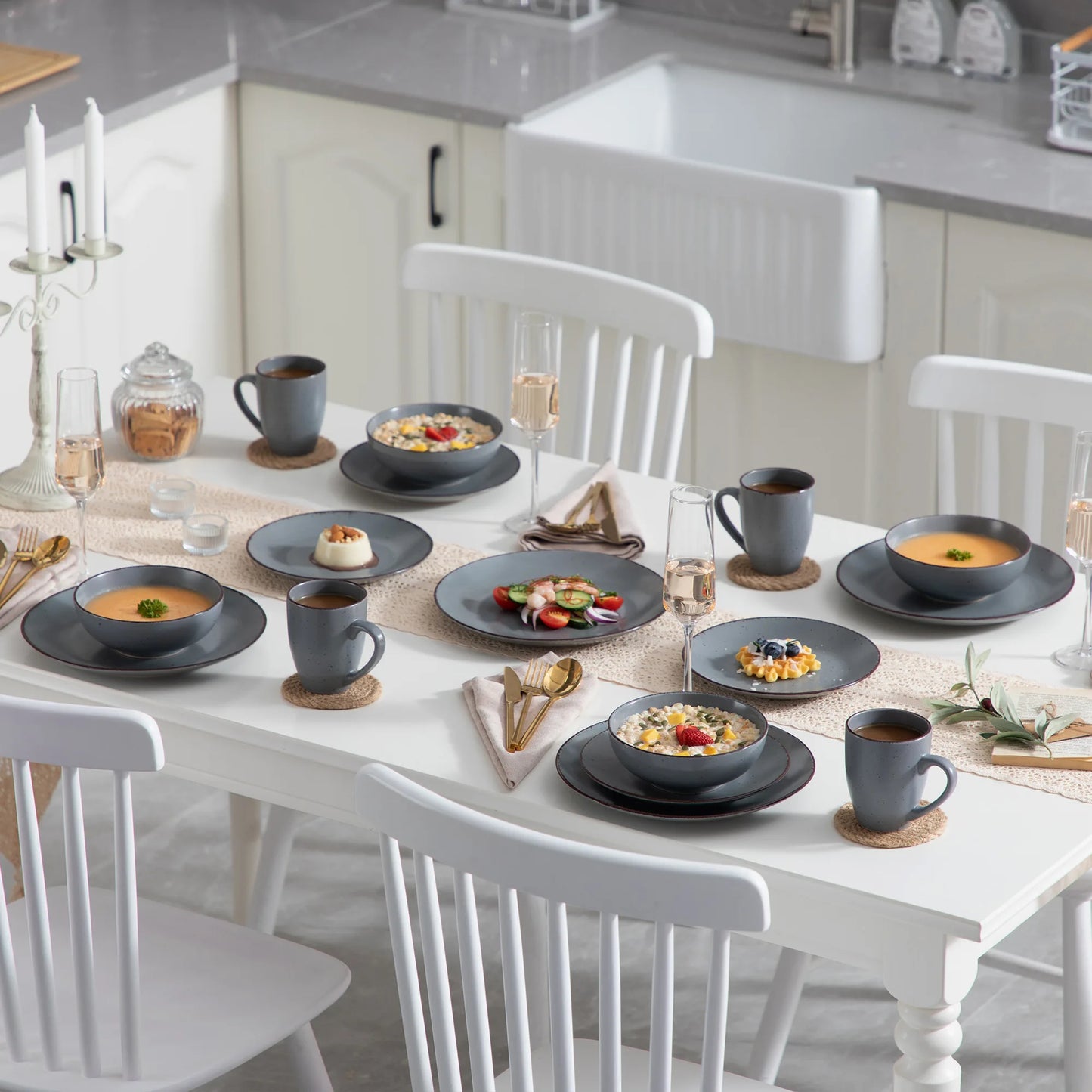VANCASSO MODA Series 4-16 Piece Pottery Dinner Set Grey Stoneware Tableware Set with Dinner Plate,Dessert Plate,Bowls,Cups
