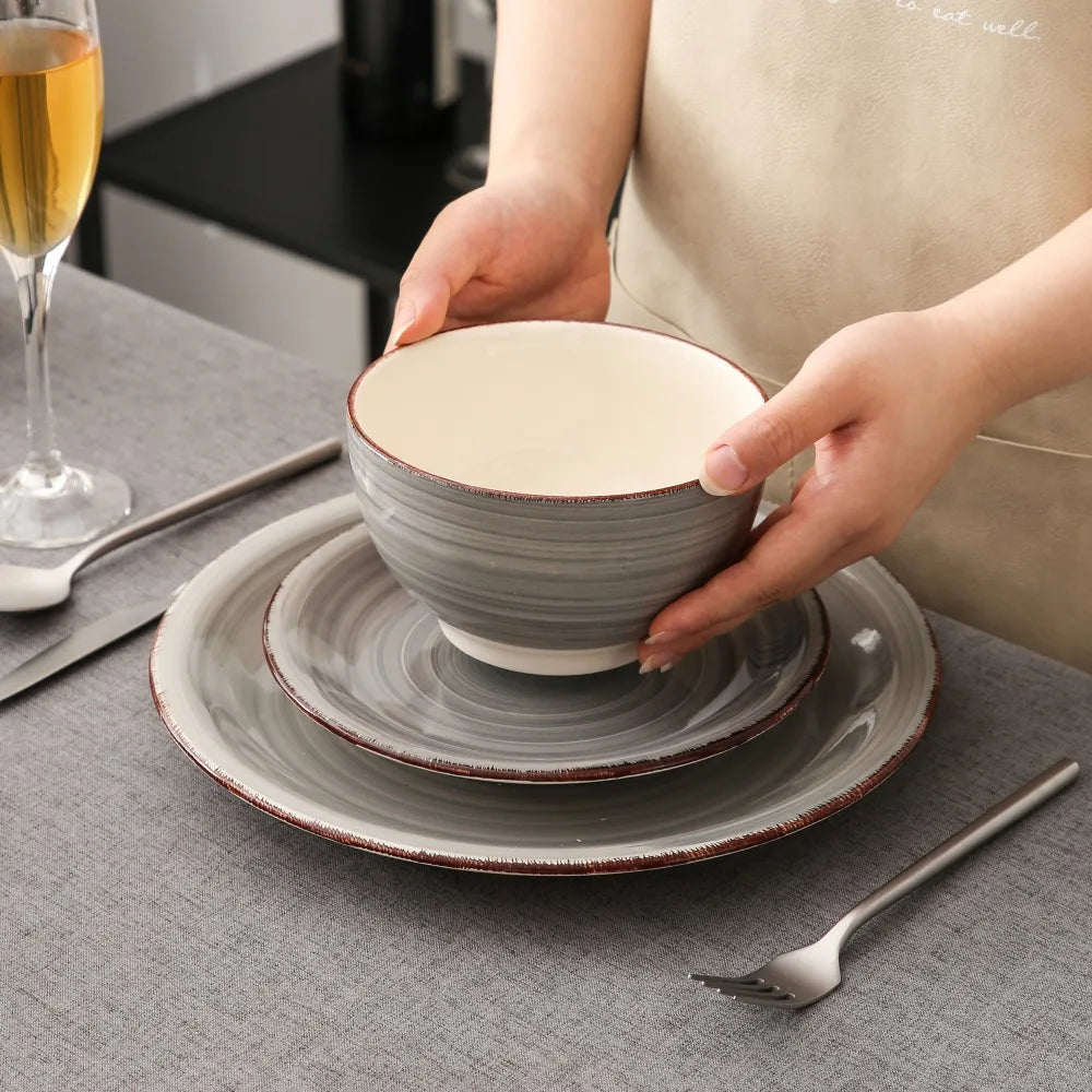 Vancasso 4-16 Pieces Porcelain Dinner Set Grey Vintage Ceramic Tableware Set with Dinner Plate,Dessert Plate,Bowl,Mug