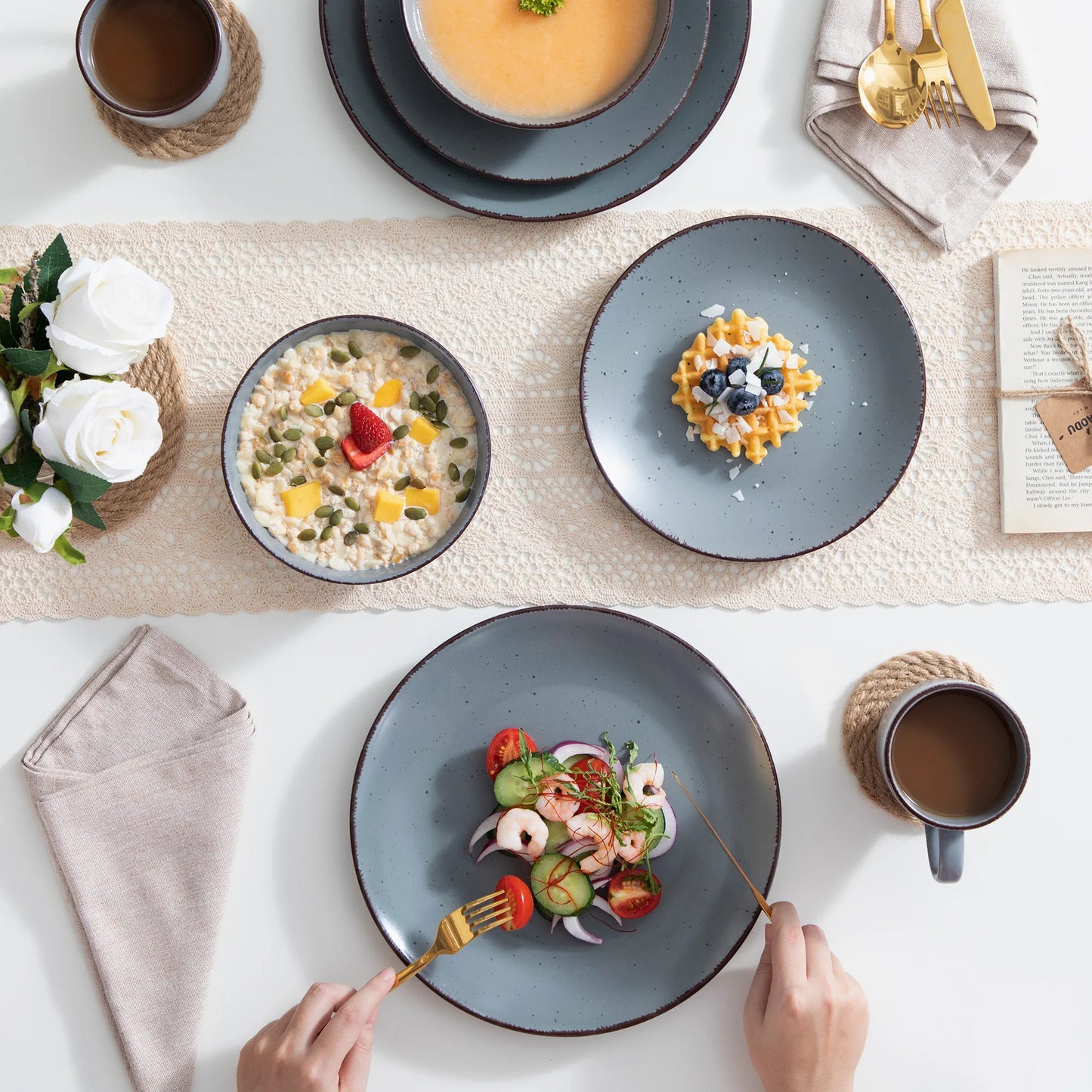 VANCASSO MODA Series 4-16 Piece Pottery Dinner Set Grey Stoneware Tableware Set with Dinner Plate,Dessert Plate,Bowls,Cups