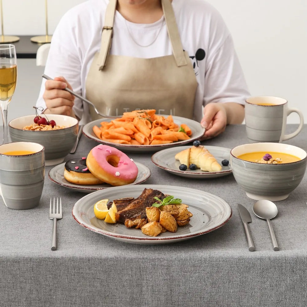 Vancasso 4-16 Pieces Porcelain Dinner Set Grey Vintage Ceramic Tableware Set with Dinner Plate,Dessert Plate,Bowl,Mug