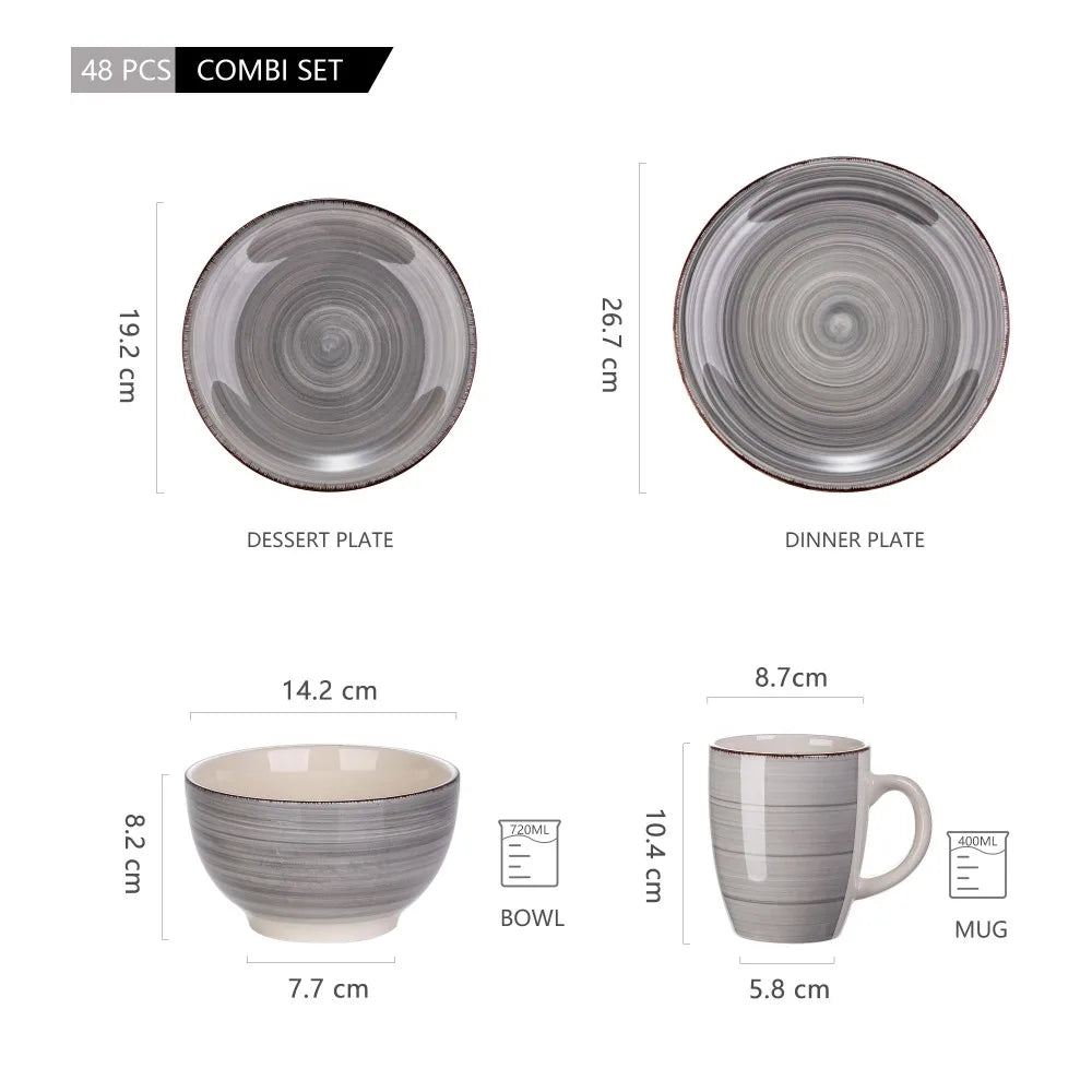 Vancasso 4-16 Pieces Porcelain Dinner Set Grey Vintage Ceramic Tableware Set with Dinner Plate,Dessert Plate,Bowl,Mug