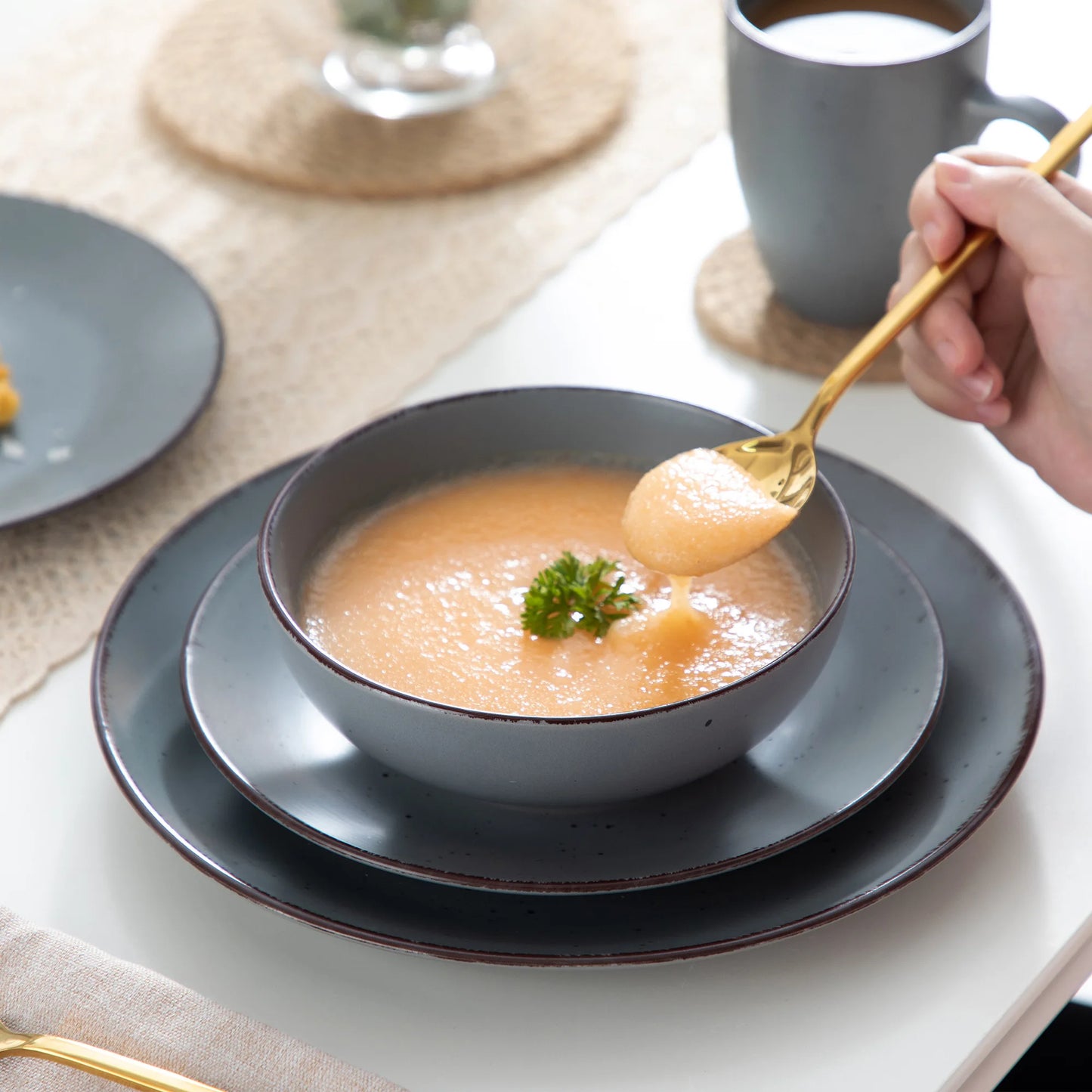 VANCASSO MODA Series 4-16 Piece Pottery Dinner Set Grey Stoneware Tableware Set with Dinner Plate,Dessert Plate,Bowls,Cups
