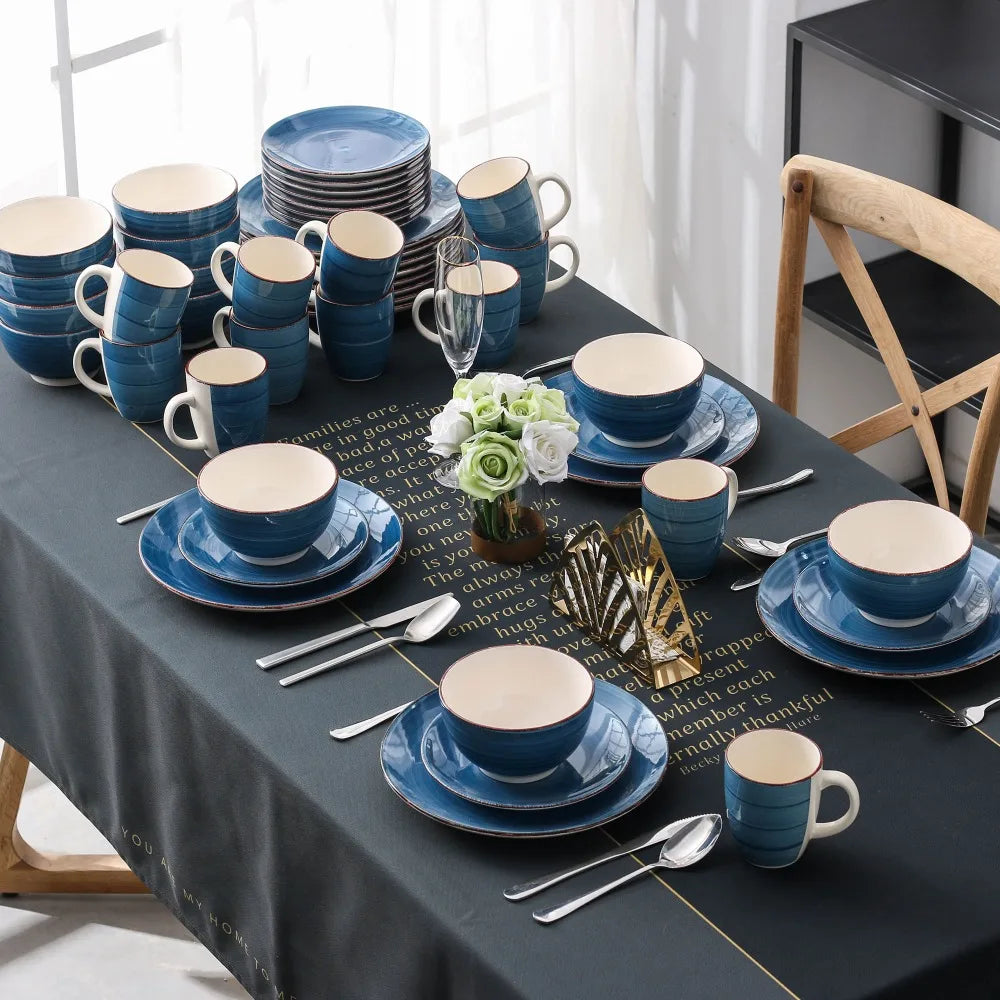 vancasso 4-16 PCS Porcelain Dinner Set Blue Vintage Look Ceramic Plate Set with Dinner Plate,Dessert Plate,Bowl,Mug Set