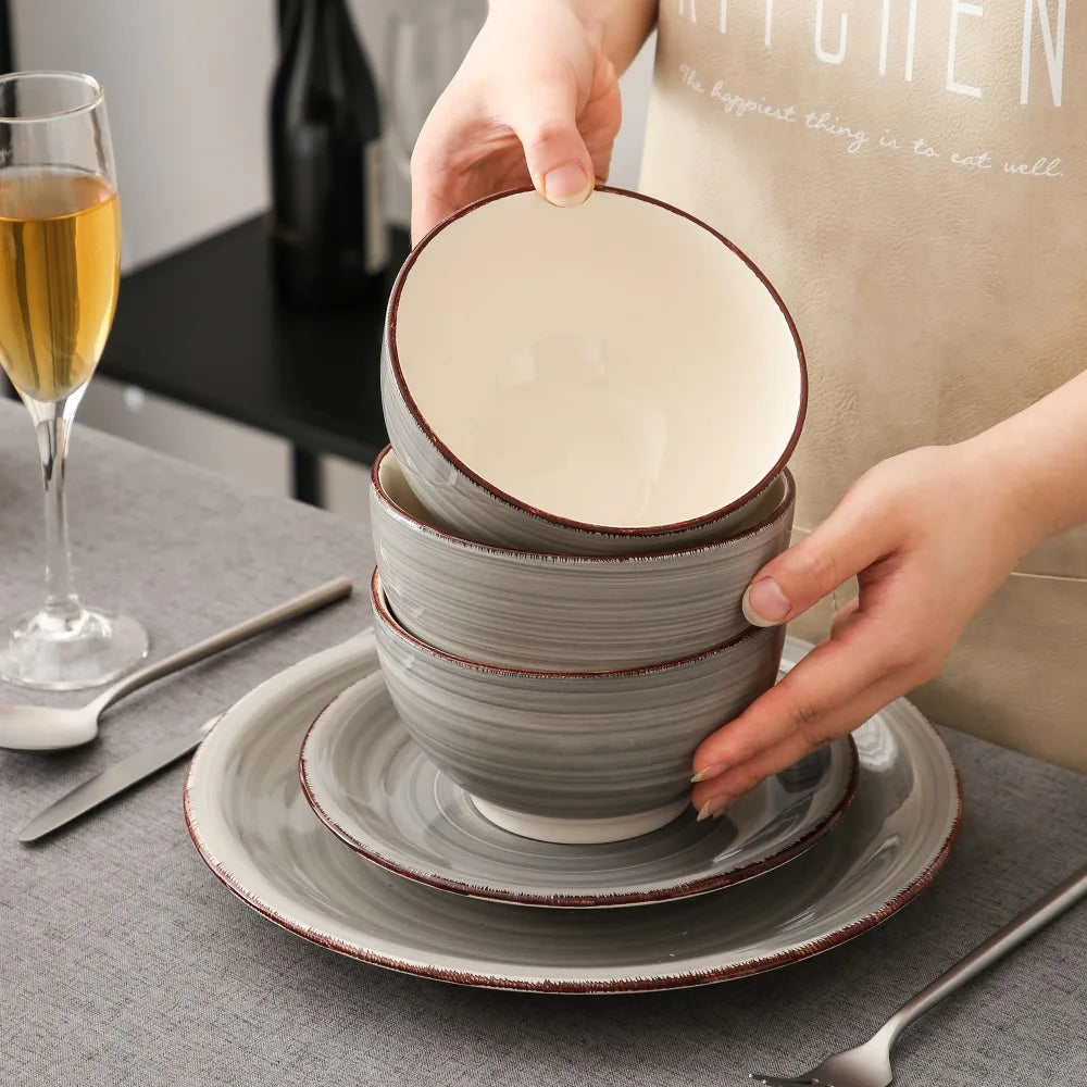 Vancasso 4-16 Pieces Porcelain Dinner Set Grey Vintage Ceramic Tableware Set with Dinner Plate,Dessert Plate,Bowl,Mug