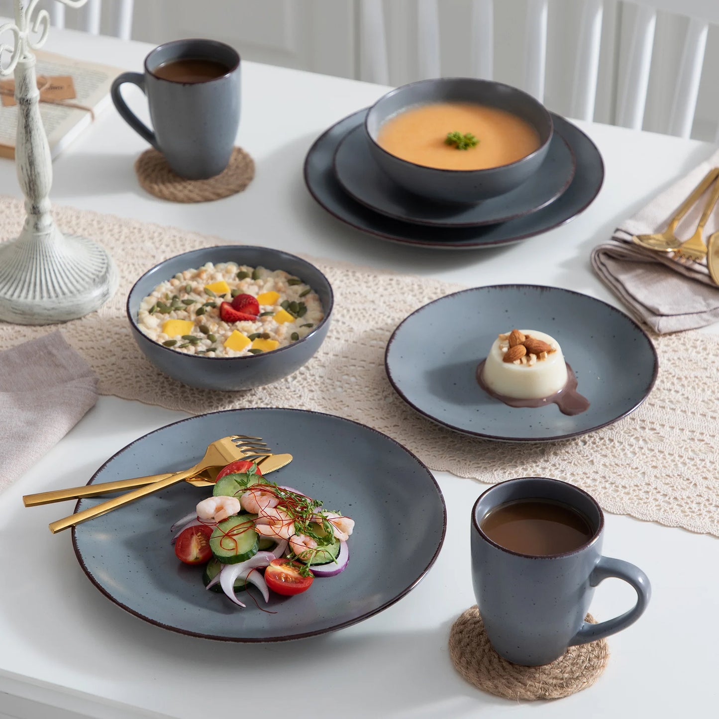 VANCASSO MODA Series 4-16 Piece Pottery Dinner Set Grey Stoneware Tableware Set with Dinner Plate,Dessert Plate,Bowls,Cups
