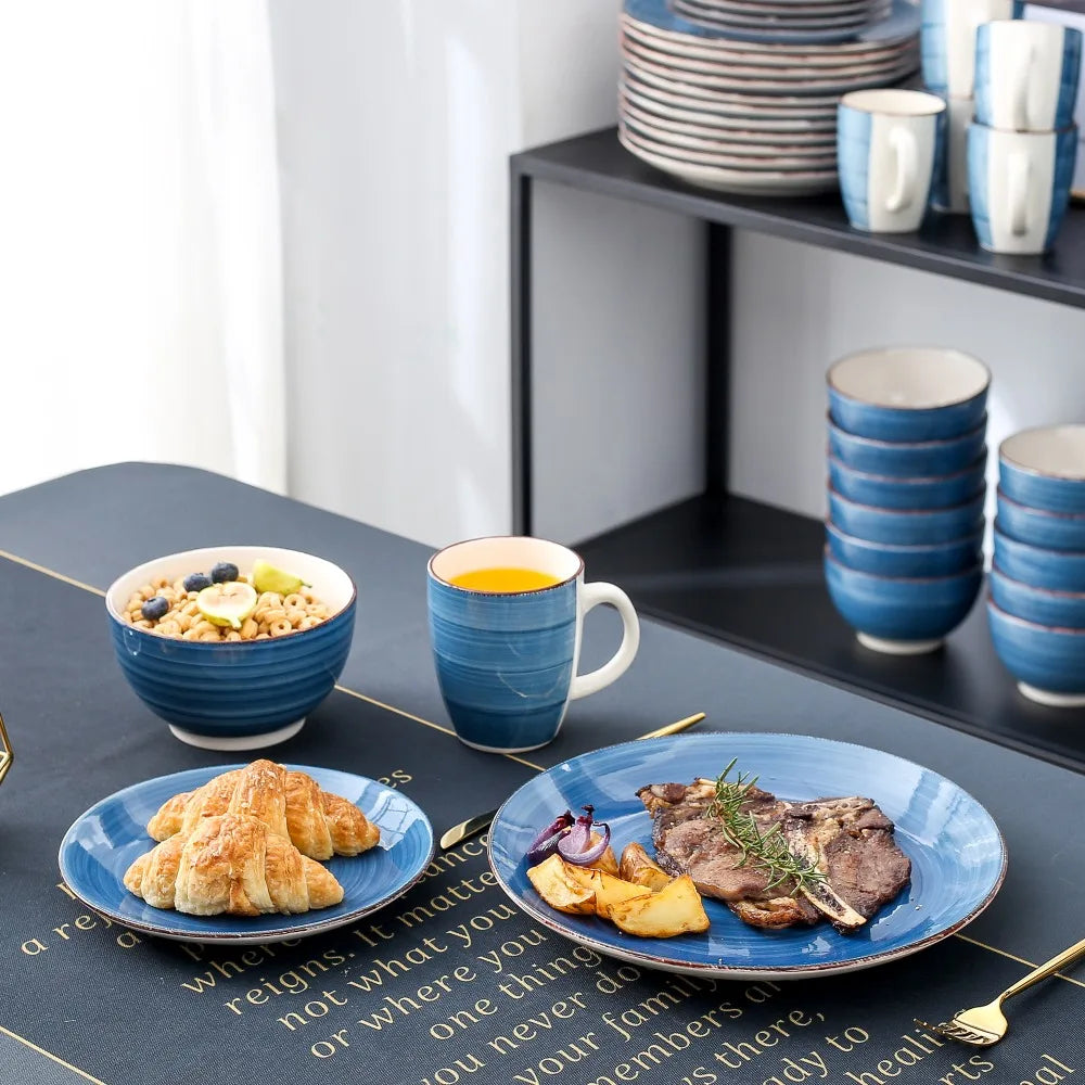 vancasso 4-16 PCS Porcelain Dinner Set Blue Vintage Look Ceramic Plate Set with Dinner Plate,Dessert Plate,Bowl,Mug Set
