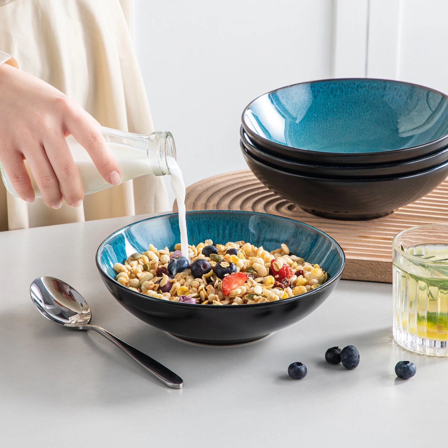 vancasso Ceramic Soup Bowl Bubble Reactive glaze 32 OZ Ceramic Bowl Plate Set for Salad Vegetable Fruit Noodle Oven Safe