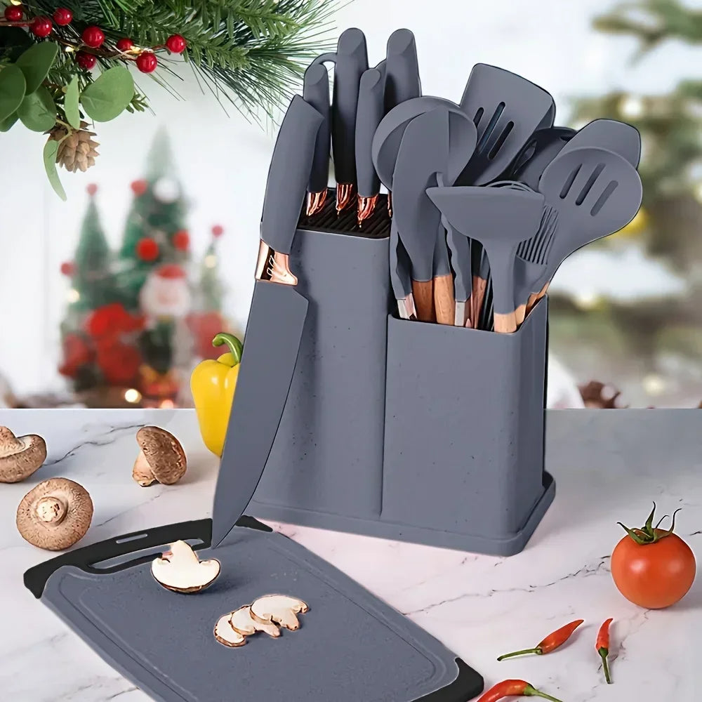 19 Pcs Non-Stick Silicone Kitchen Utensil Set Heat-Resistant Tools in Bamboo Storage