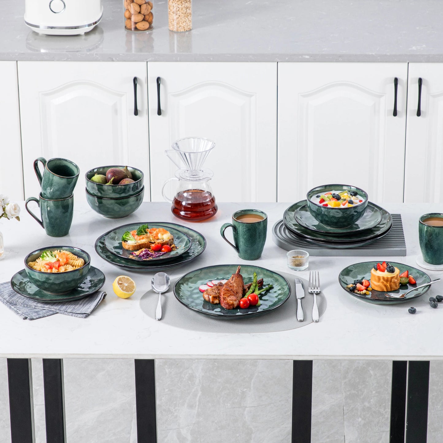vancasso 4/8/16-Piece Starry Green Dinner Red Set Kiln Change Glaze Tableware Set with Dinner Plate,Dessert,Bowl,Mug