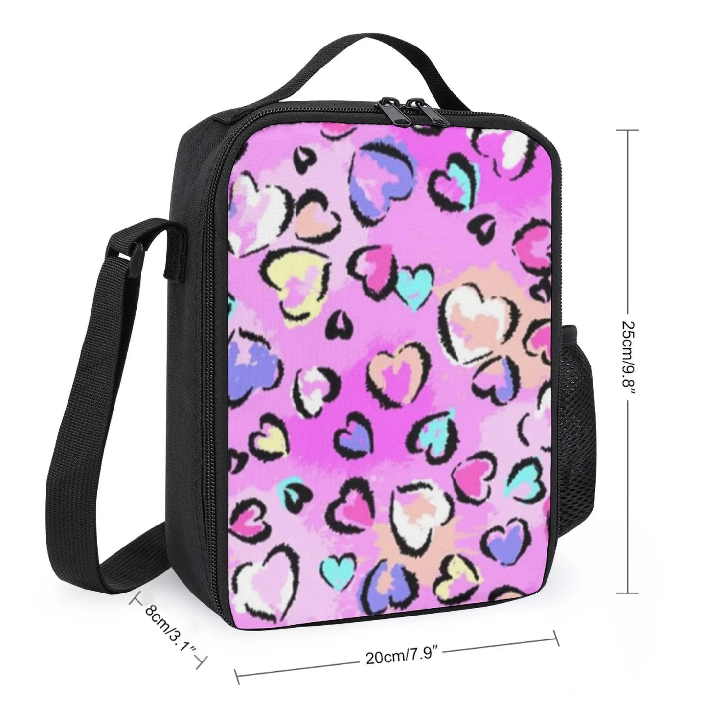 insulated Colorful Heart Pattern Lunch Bag, Oxford Cloth Material, Ideal for School/Picnic/Outdoor/Daily Use