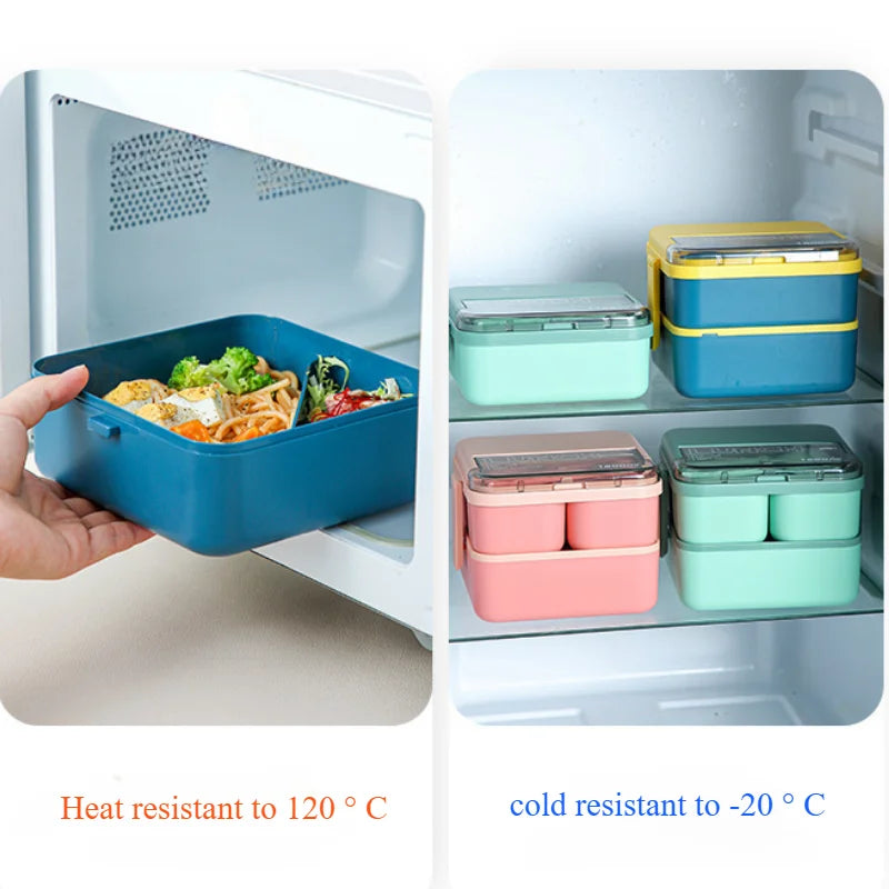 Double Layer Portable Lunch Box for Kids with Cutlery Microwave Sealed Bento Boxes Dinnerware Set Food Storage Container