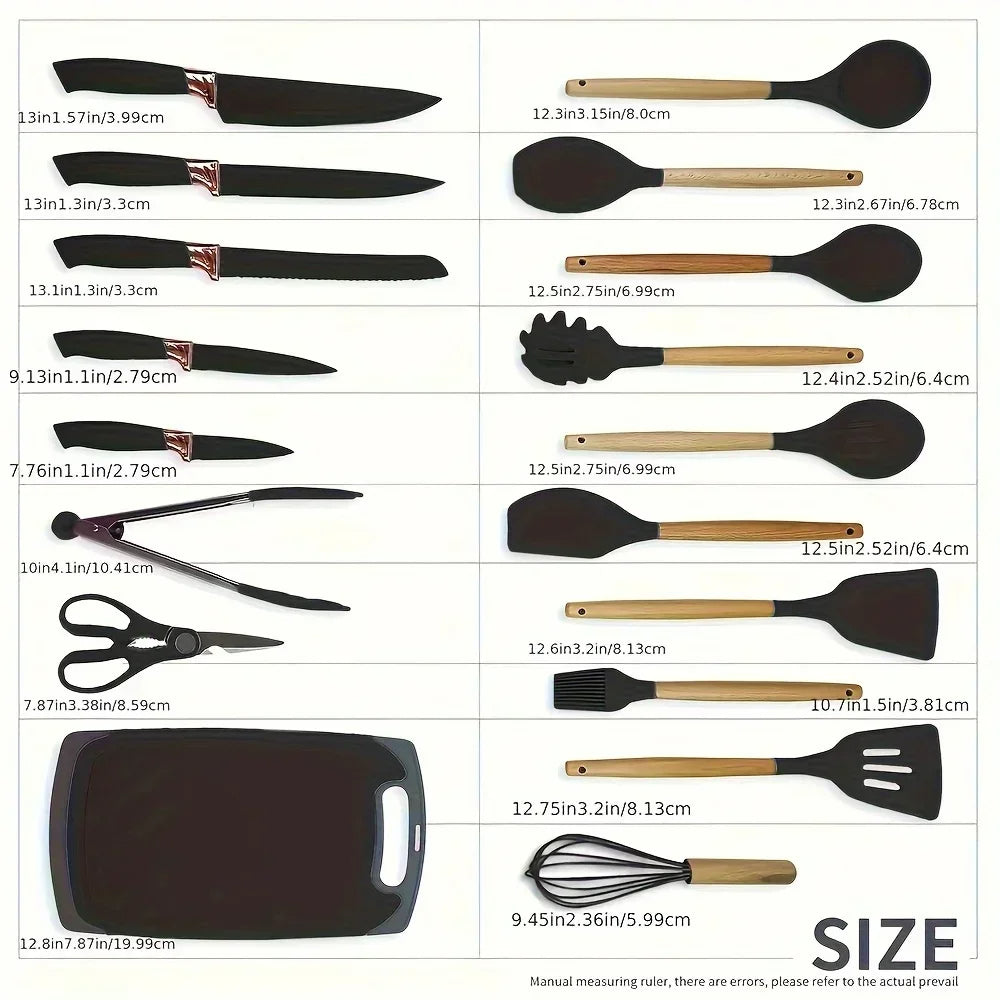 19 Pcs Non-Stick Silicone Kitchen Utensil Set Heat-Resistant Tools in Bamboo Storage
