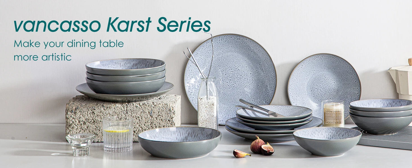 vancasso 4-16 Piece Embossed Stoneware Tableware Set with 4PCS Dinner/Dessert Plate/Soup Bowl for 4/8/12 person