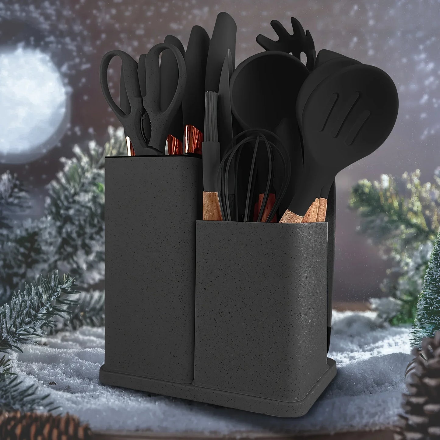 19 Pcs Non-Stick Silicone Kitchen Utensil Set Heat-Resistant Tools in Bamboo Storage