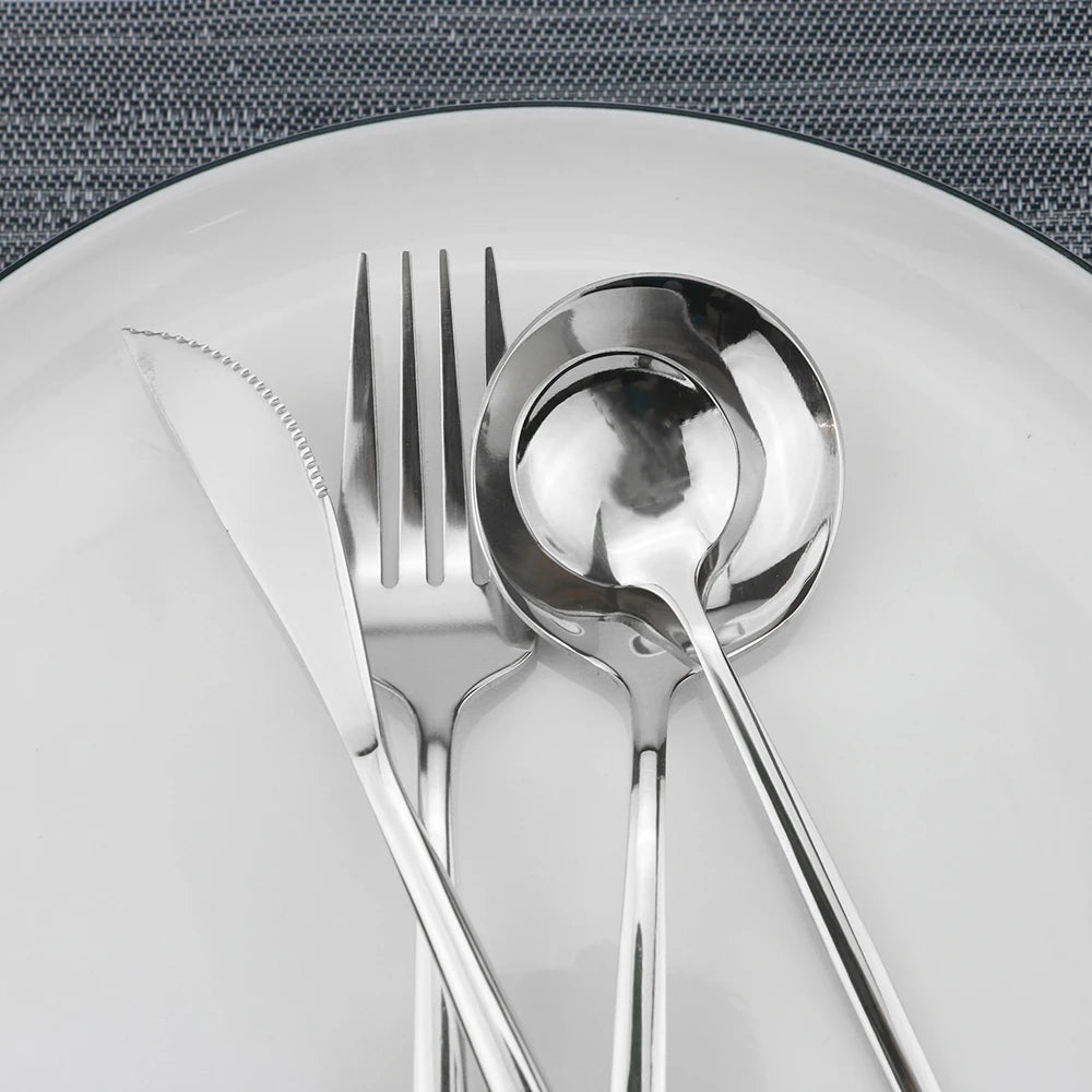 24Pcs Stainless Steel Dinnerware Set Kitchen Fork Spoon Knife Dinner Cutlery Set White Silver Western Flatware Tableware Set