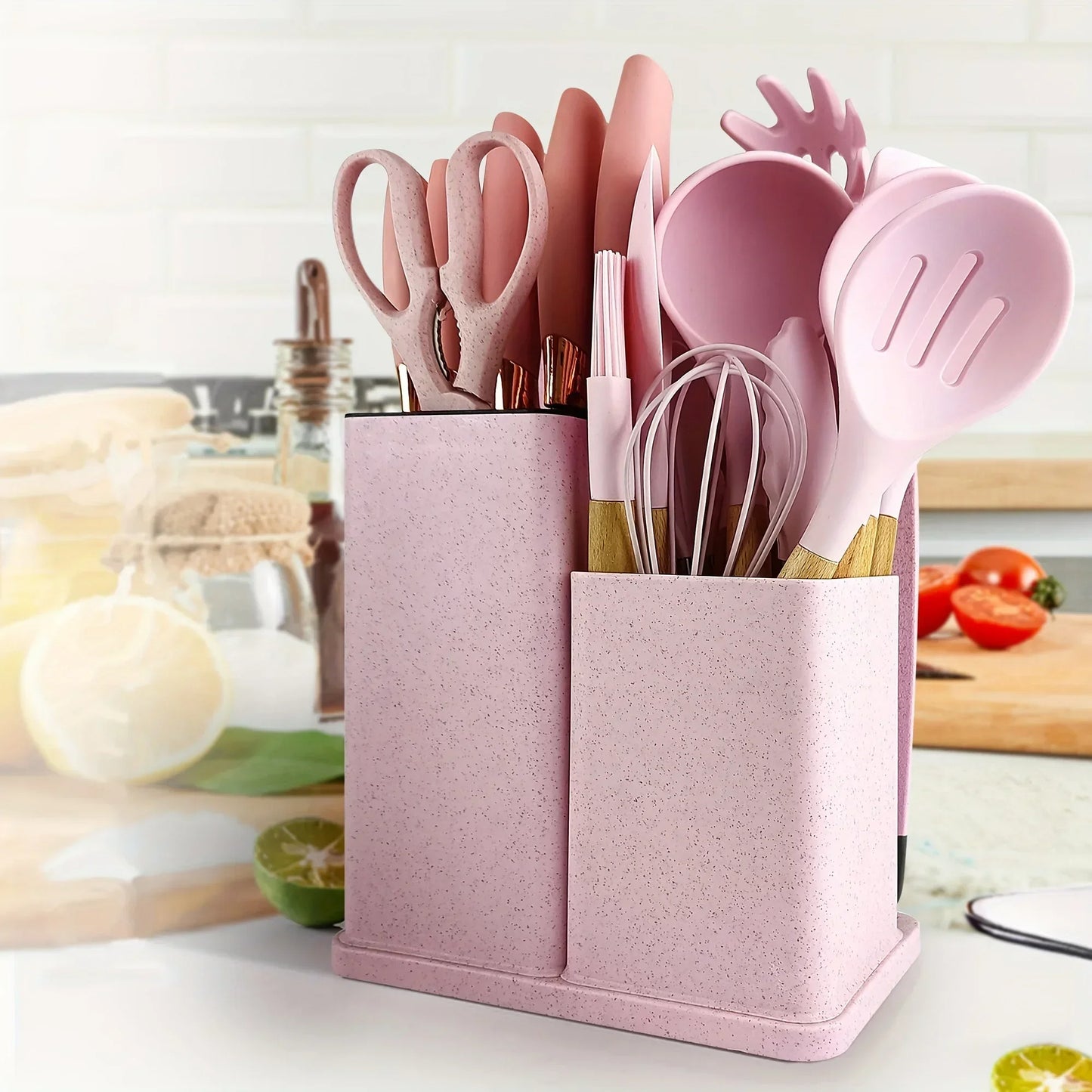 19 Pcs Non-Stick Silicone Kitchen Utensil Set Heat-Resistant Tools in Bamboo Storage