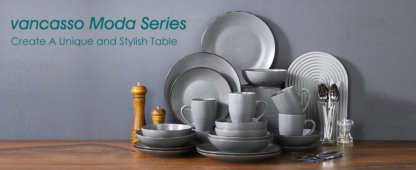 VANCASSO MODA Series 4-16 Piece Pottery Dinner Set Grey Stoneware Tableware Set with Dinner Plate,Dessert Plate,Bowls,Cups