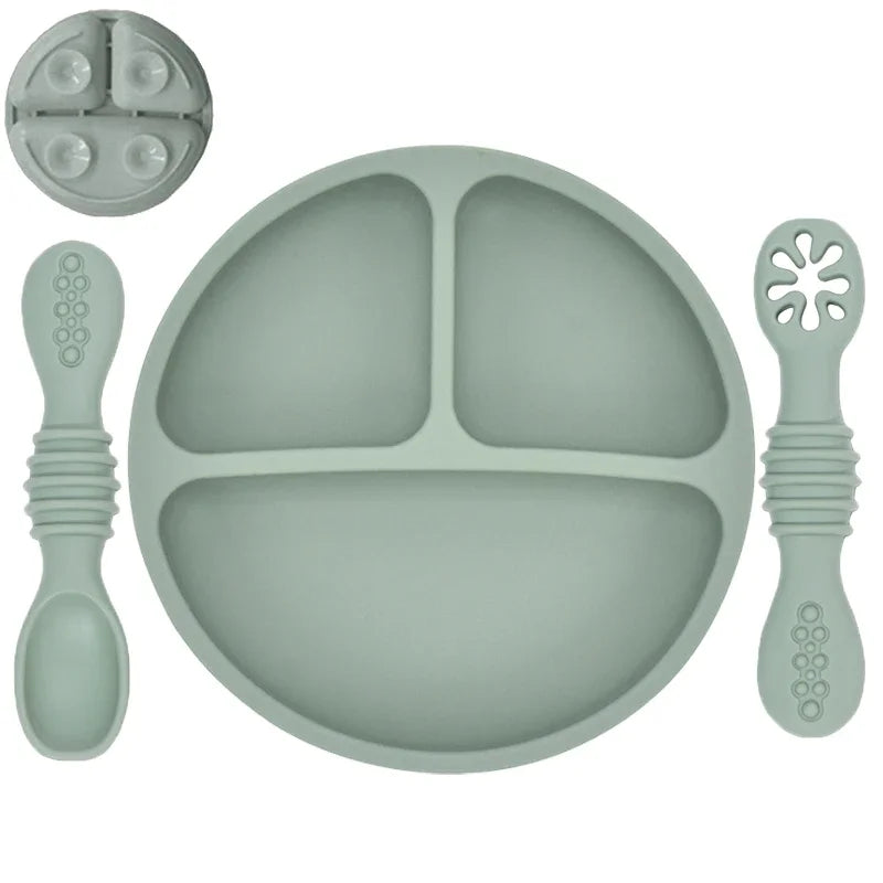 Baby / Toddler Tableware Silicone Baby Sucker Silicone Dining Plate Rice Spoon Set Cute Cartoon Children Dishes Smile Face Retro Kid Bowl