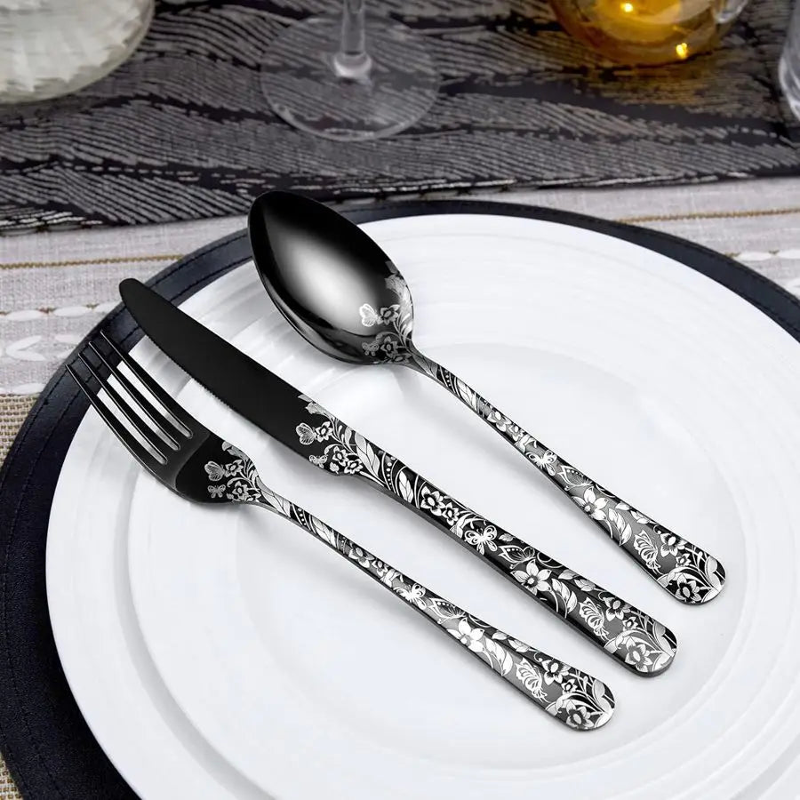 20 Pieces of Stainless Steel Tableware Set with Butterfly Pattern Silverware, Mirror Polished, with Spoon, Fork and Knife, Suitable for Dark Rock Enthusiasts, Suitable for Halloween,