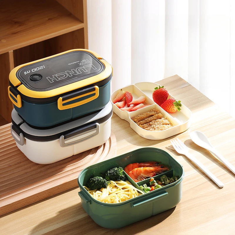 1200ml 3 Grids Plastic Compartment Bento Boxes with Fork and Spoon Multiple Layers Kid's Lunch Box Office Worker Tuppers Food