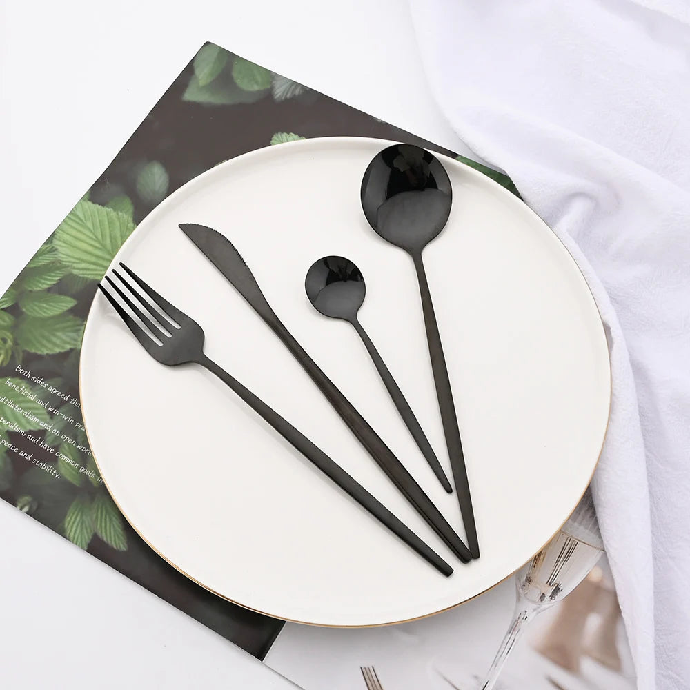 16Pcs Tableware Dinnerware Set Black Cutlery Set Stainless Steel Fork Knife Teaspoon Dinner Kitchen Flatware Set