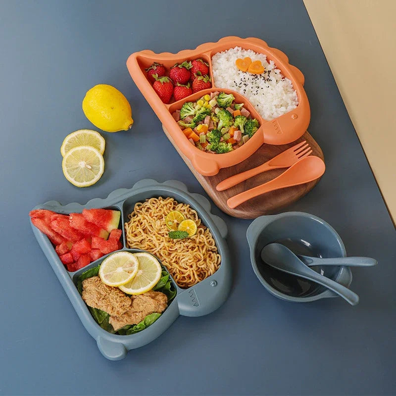 Dinosaur baby dinner plate 1 Set large capacity three compartments spoon and fork all-in-one dinner plate nutritional balance