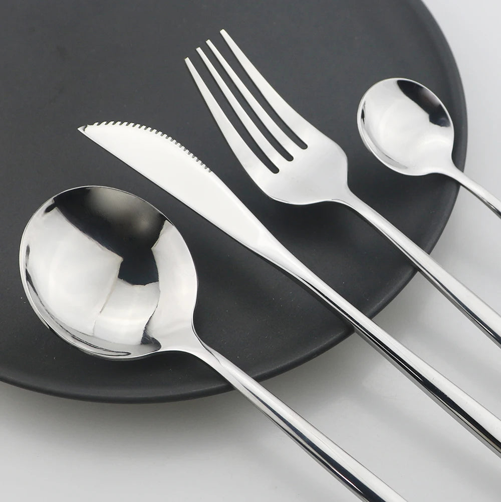 24Pcs Stainless Steel Dinnerware Set Kitchen Fork Spoon Knife Dinner Cutlery Set White Silver Western Flatware Tableware Set