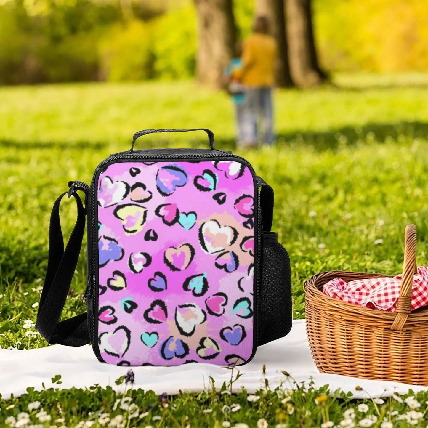 insulated Colorful Heart Pattern Lunch Bag, Oxford Cloth Material, Ideal for School/Picnic/Outdoor/Daily Use