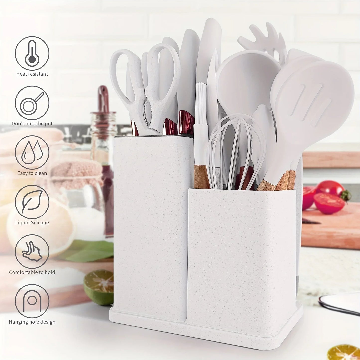 19 Pcs Non-Stick Silicone Kitchen Utensil Set Heat-Resistant Tools in Bamboo Storage