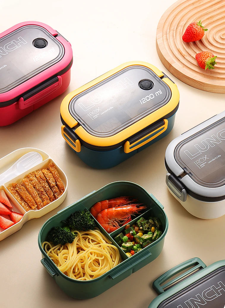 1200ml 3 Grids Plastic Compartment Bento Boxes with Fork and Spoon Multiple Layers Kid's Lunch Box Office Worker Tuppers Food