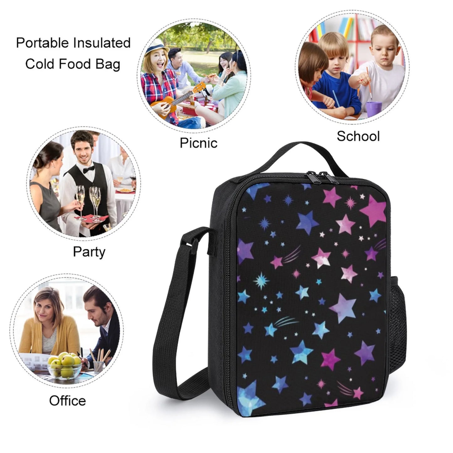 Insulated Lunch Bag, Oxford Cloth Material, Vibrant Colorful Stars & Shooting Stars Pattern, Great for School/Picnic/Outdoor
