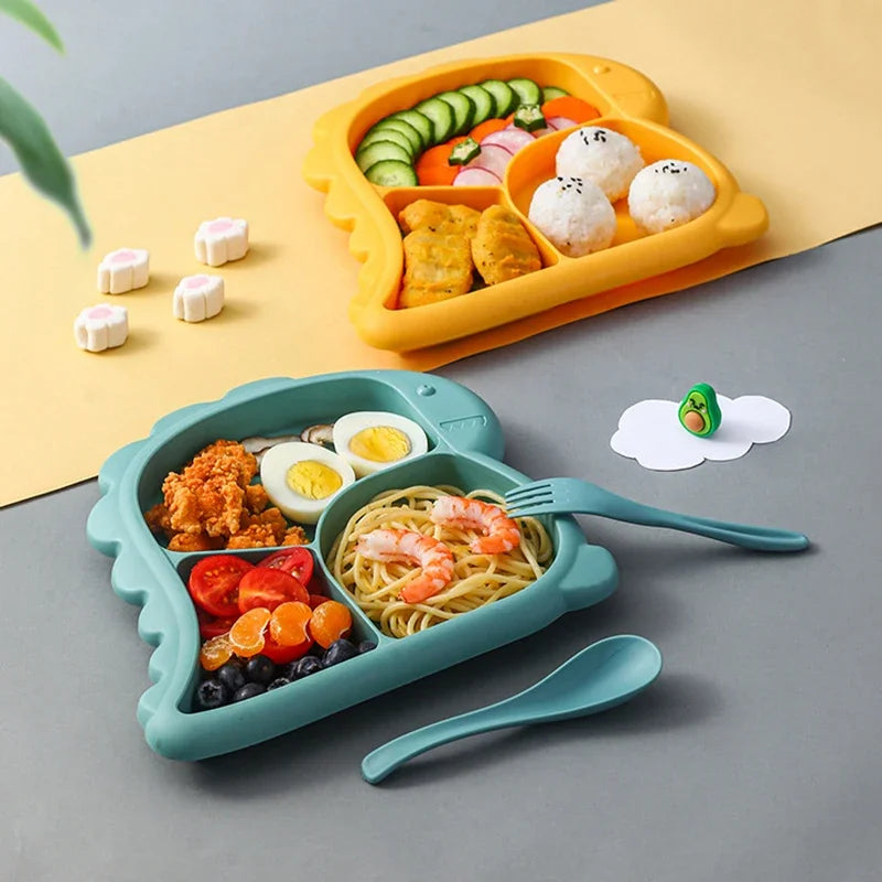 Dinosaur baby dinner plate 1 Set large capacity three compartments spoon and fork all-in-one dinner plate nutritional balance