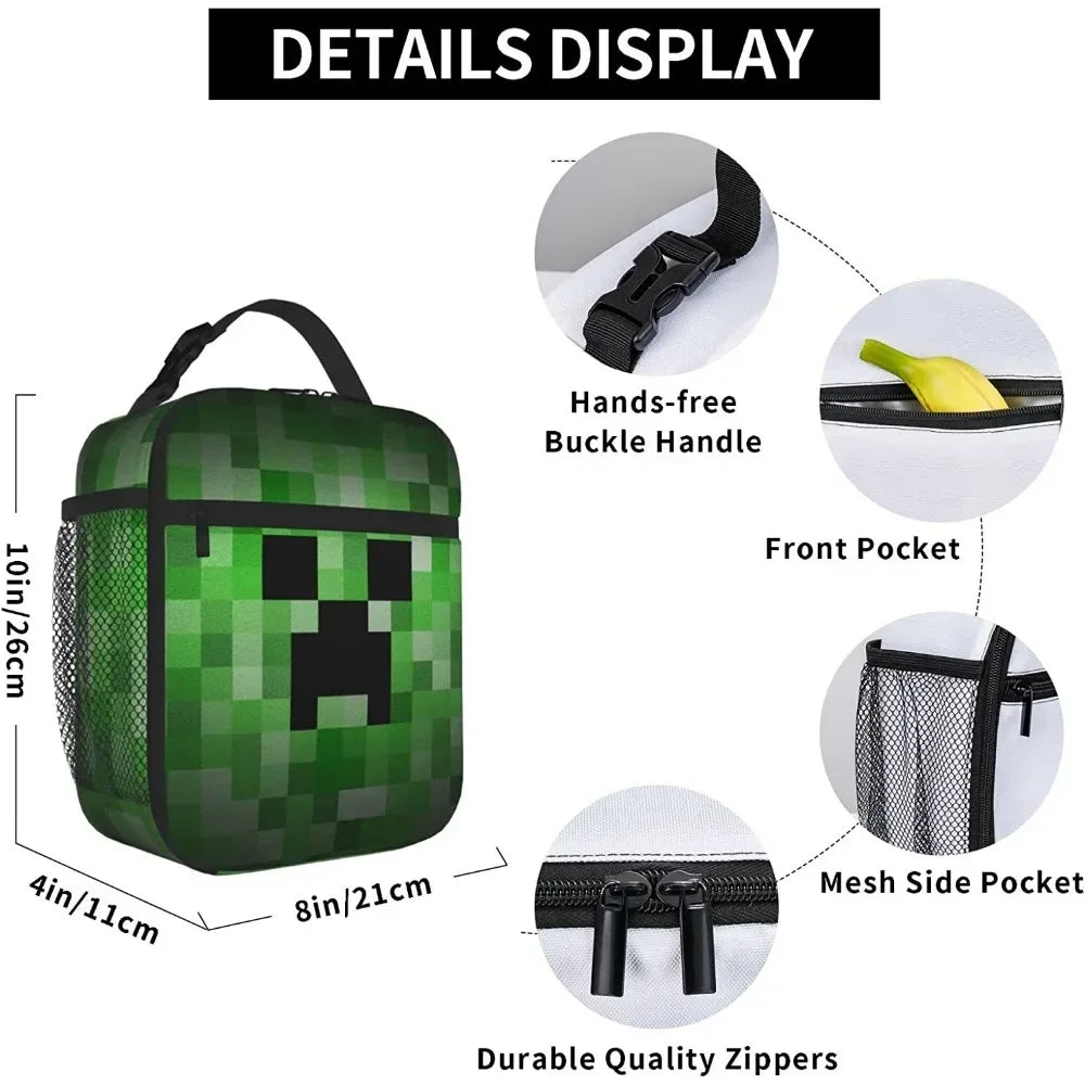 Pixel Game Lunch Box Reusable Portable Lunch Bag Insulated Bags for High-capacity Work School Picnics
