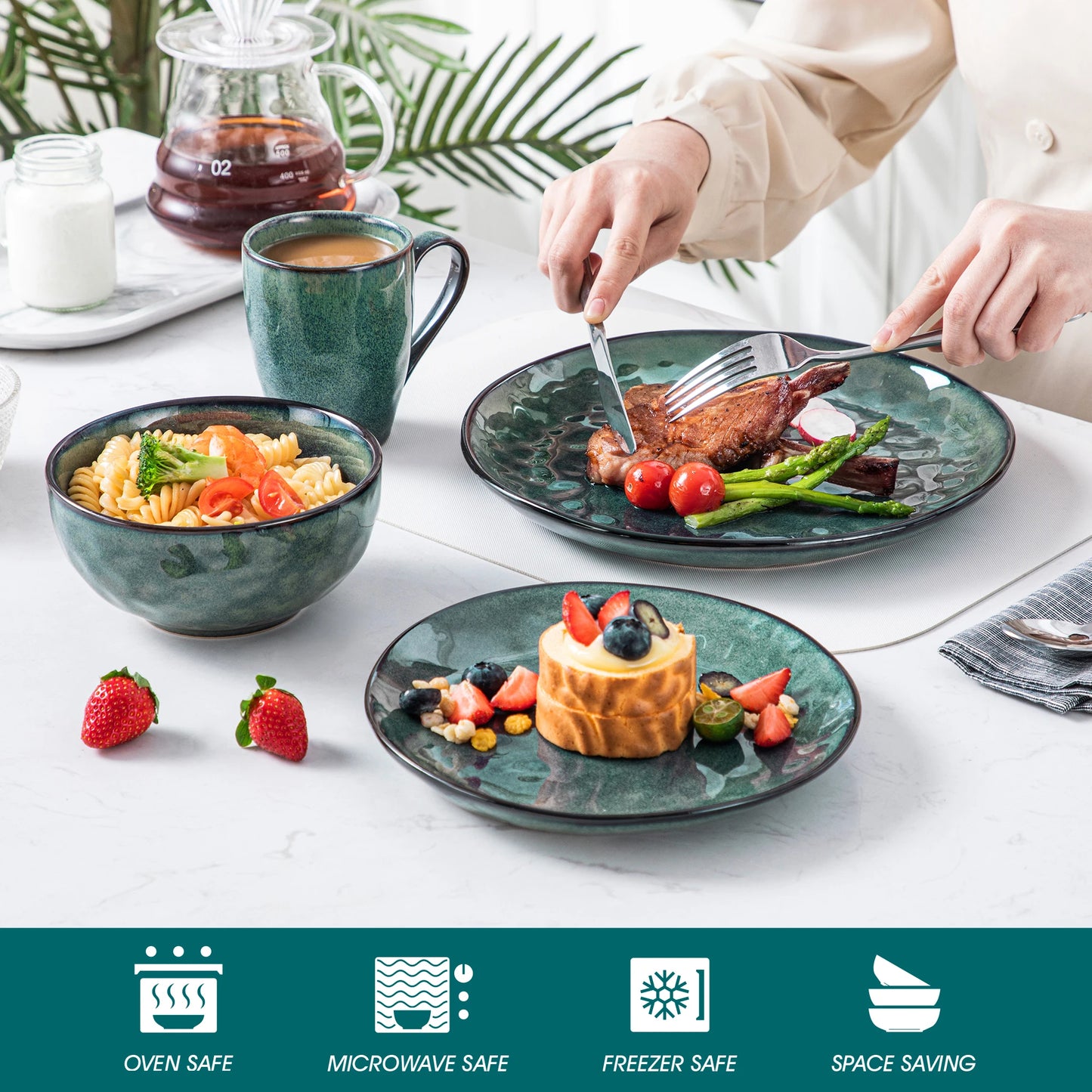 vancasso 4/8/16-Piece Starry Green Dinner Red Set Kiln Change Glaze Tableware Set with Dinner Plate,Dessert,Bowl,Mug